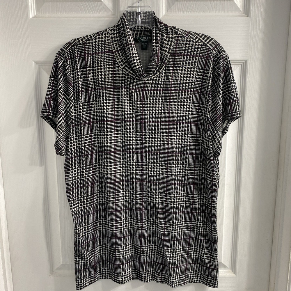 Lauren Ralph Lauren Top Women's XL Short Sleeve Mock Neck Houndstooth Pattern